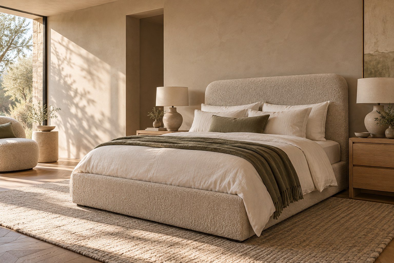 An inviting neutral bedroom with an upholstered bed